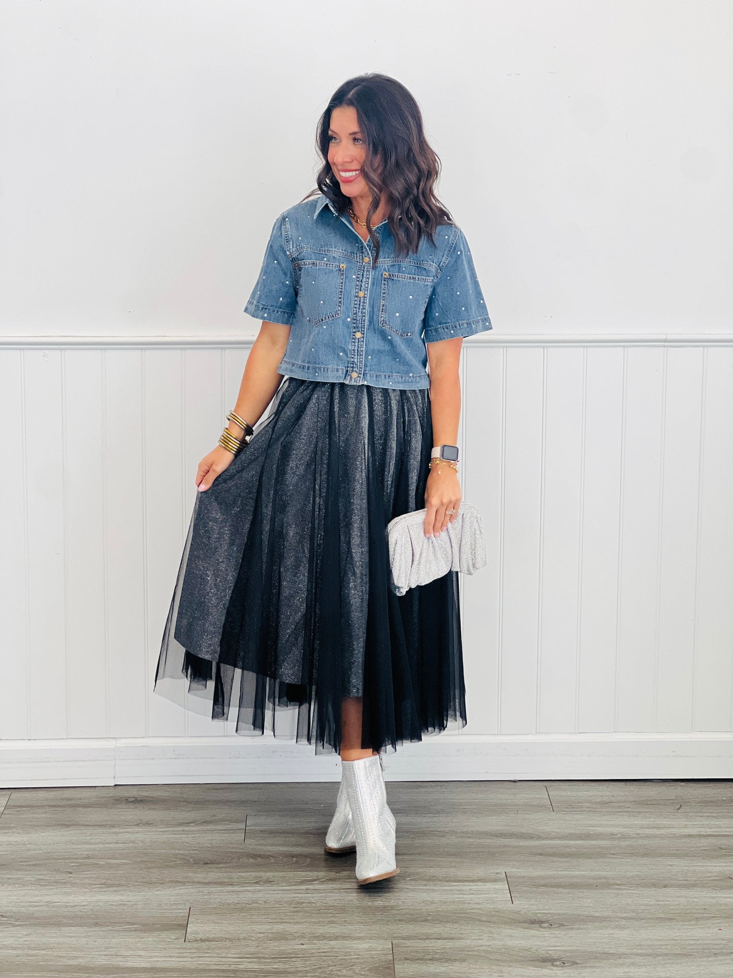 Black Sparkly Mesh Layer Midi Skirt (Reg. and Plus)