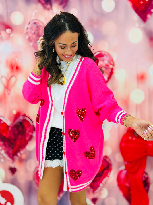 Sequin Patch Happy Hearts Relaxed Cardigan (Reg. and Plus)
