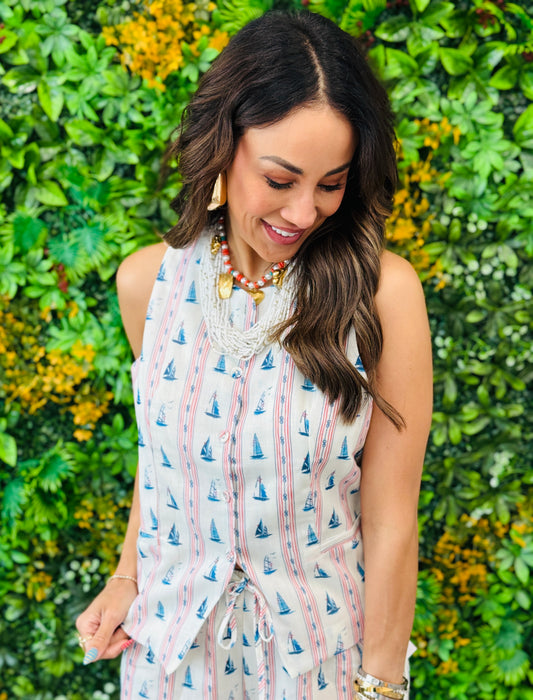 Sailor Boat Print Sleeveless Top (Reg.)