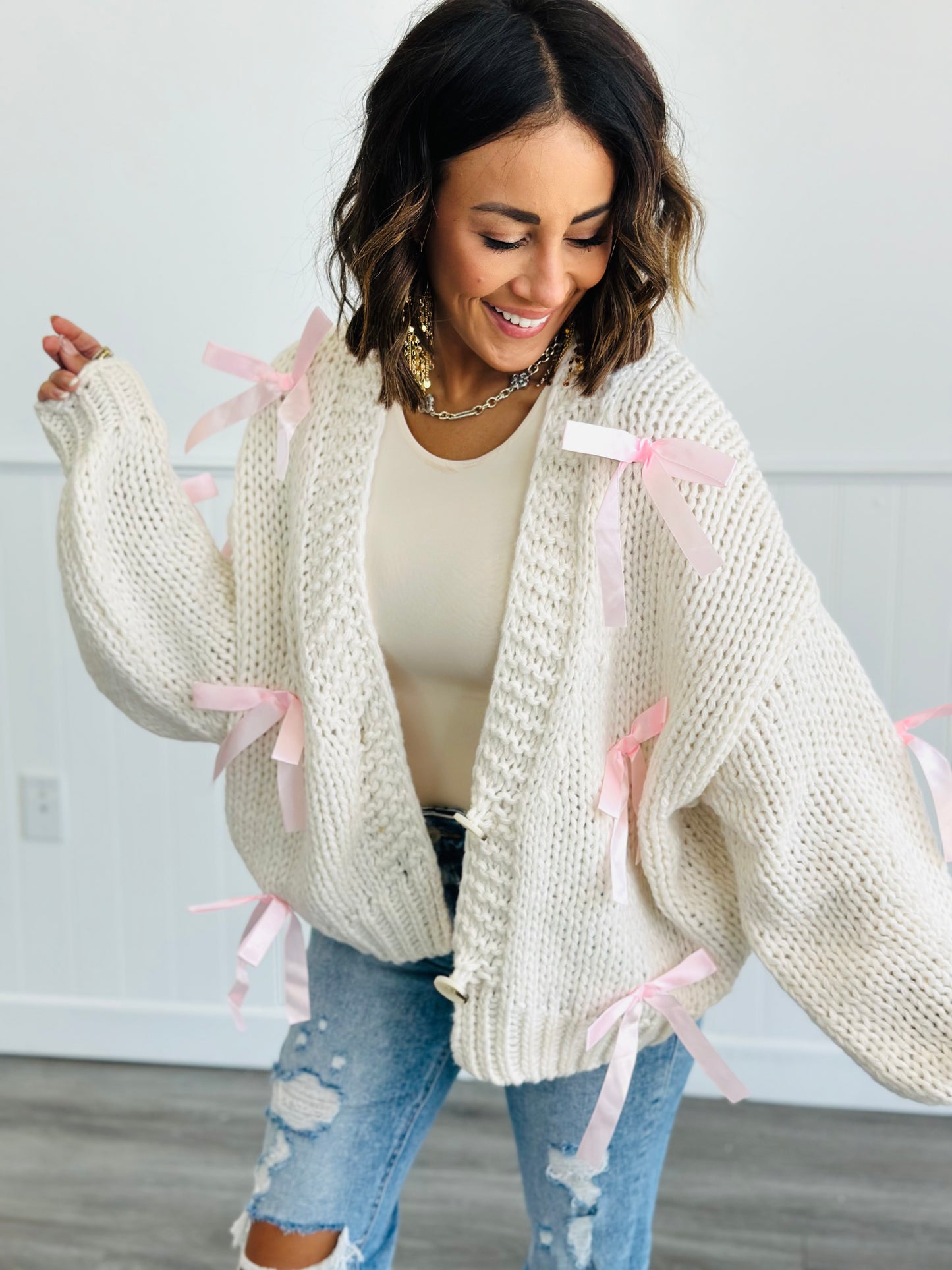 Ivory Bows Abound Sweater Cardigan (Reg)