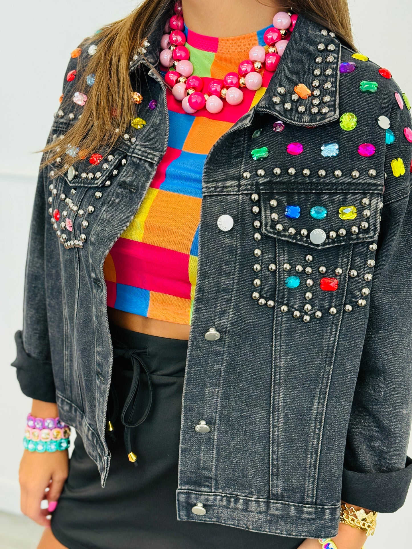 Black Denim Studded Jewels Button Up Jacket (Reg. and Plus)