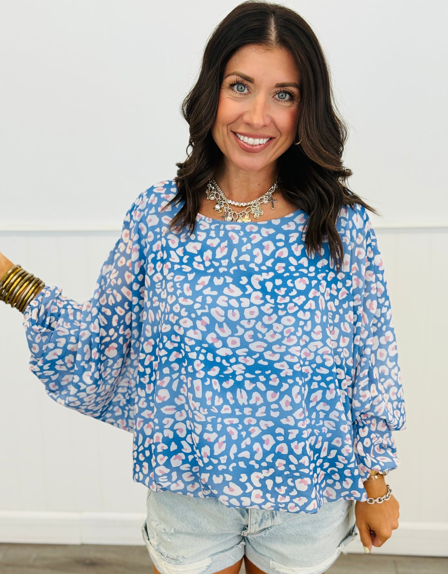 Blue Leopard Batwing Blouse (OS)