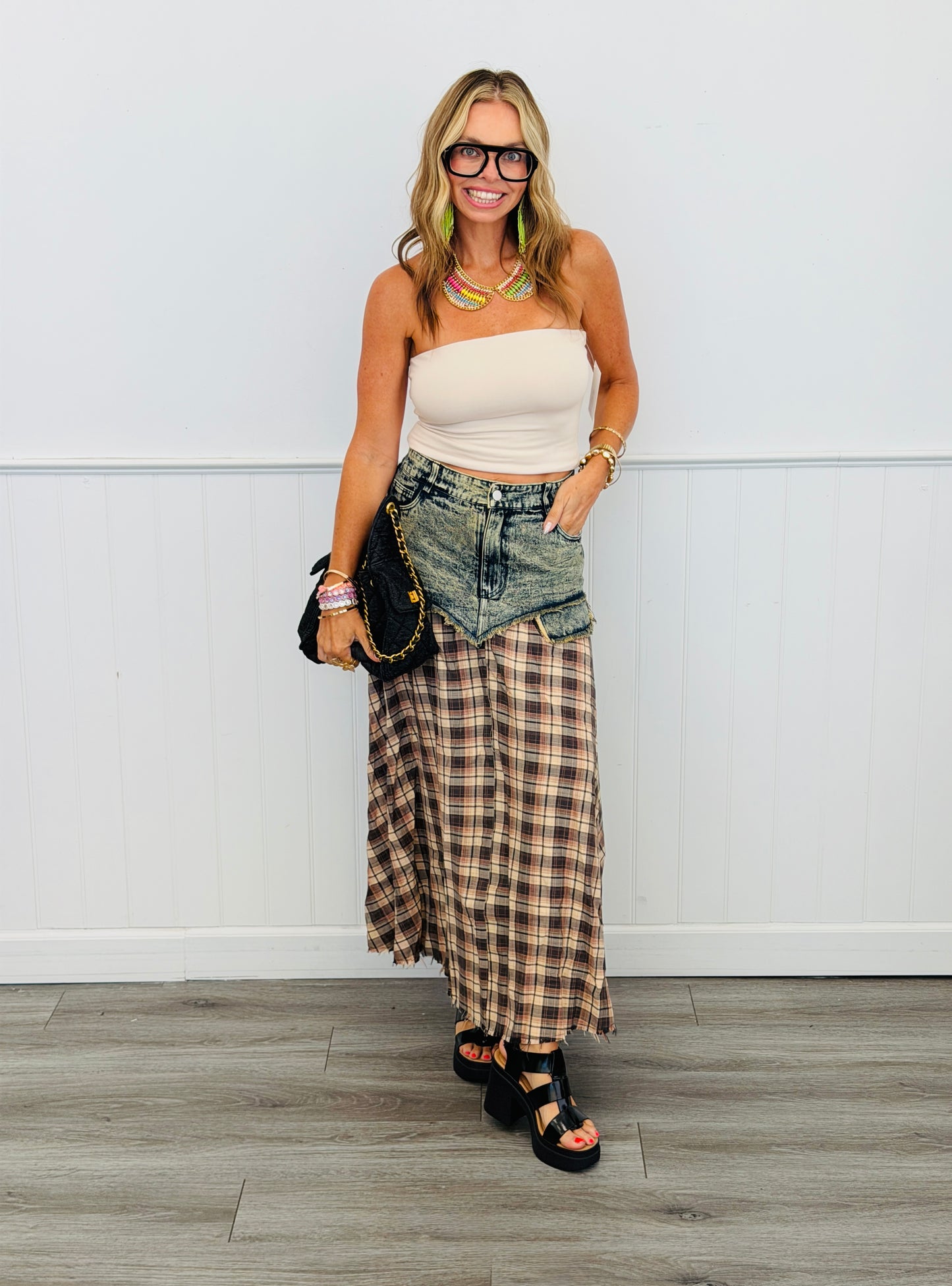 Brown Plaid & Denim Layered Maxi Skirt (Reg & Plus)