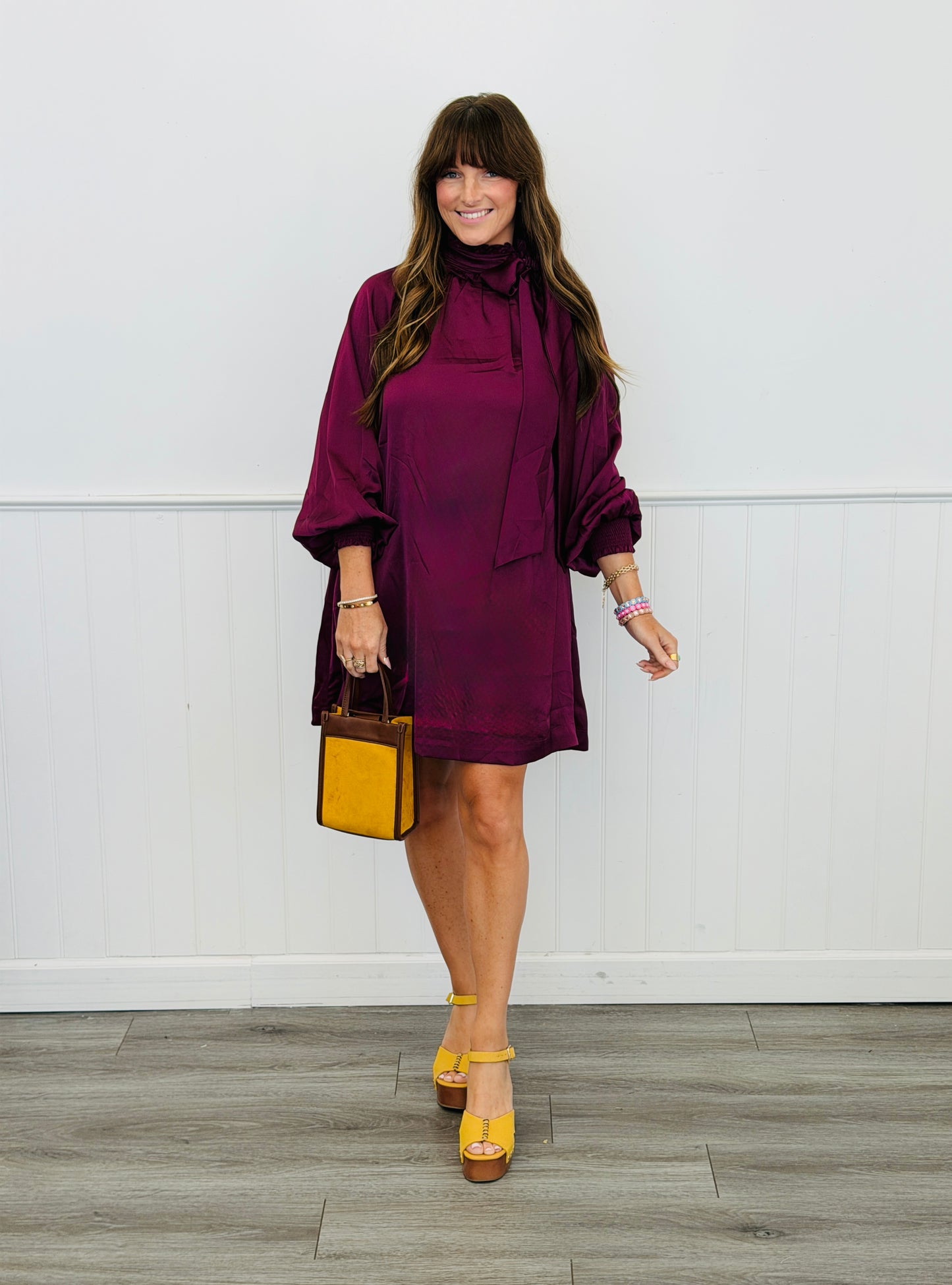 Plum Satin Tie Neck Mini Dress (Reg. and Plus)