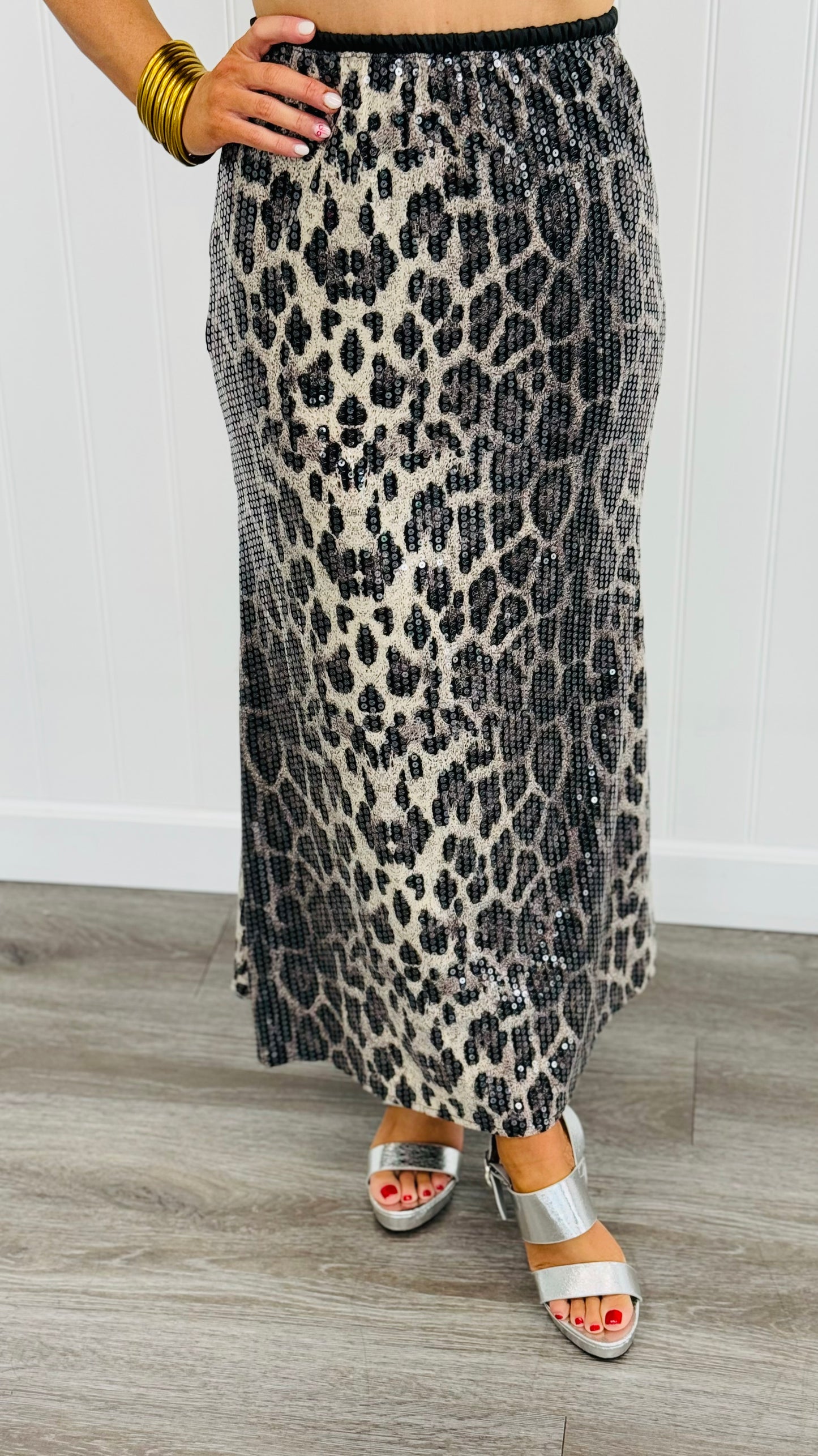 Grey Combo Leopard Sequin Midi Skirt (Reg.)