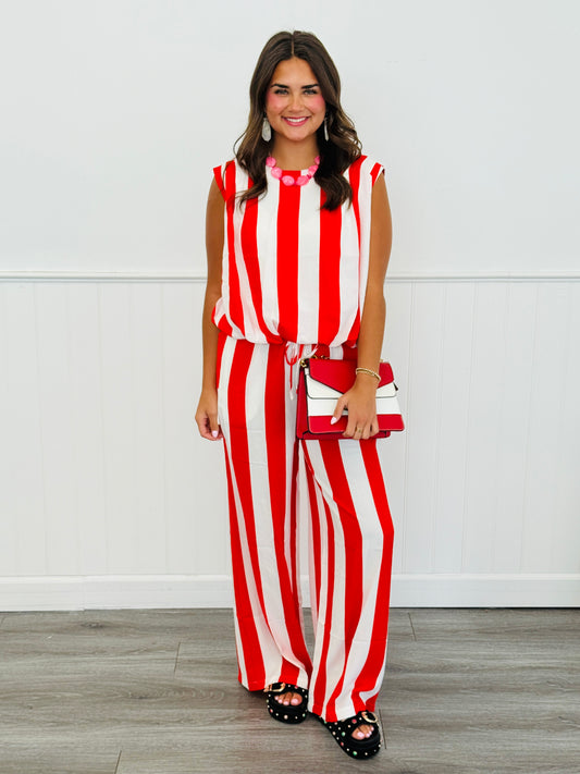 Tomato/White Stripe Top & Pants Set (Reg & Plus)