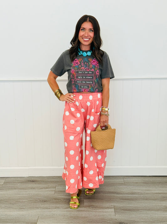 Coral/White Polka Dot Wide Leg Pants (Reg & Plus)