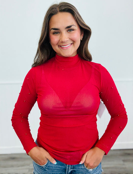 Red Pearl Detailed Mesh Top (Reg. and Plus)