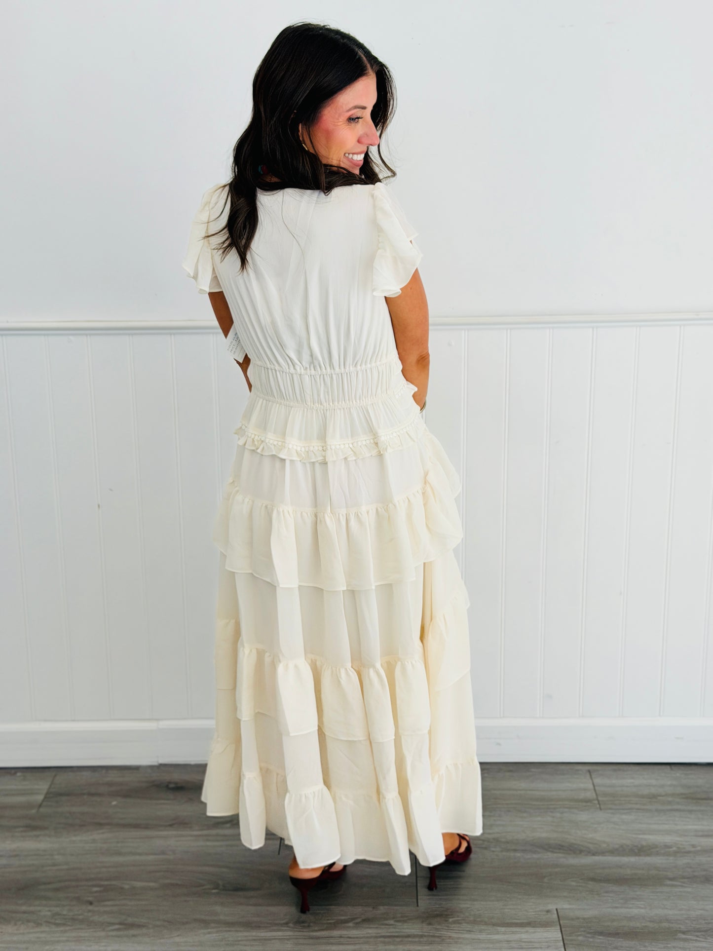 Cream Ruffled Tiered  Midi Dress (Reg & Plus)