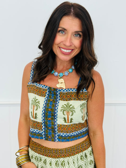 POL Sage Multi Palm & Border Print Crop Top (Reg.)