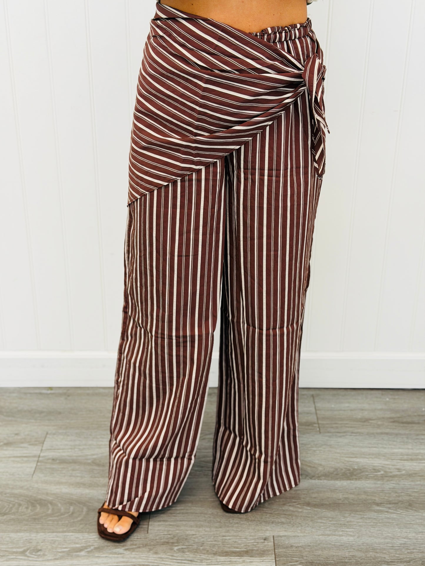 Brown Striped Front Wrap Detail Pants (Reg.)