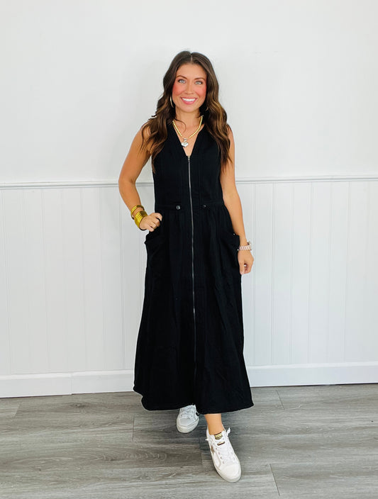 Black High-Low Drawstring Midi Dress (Reg)