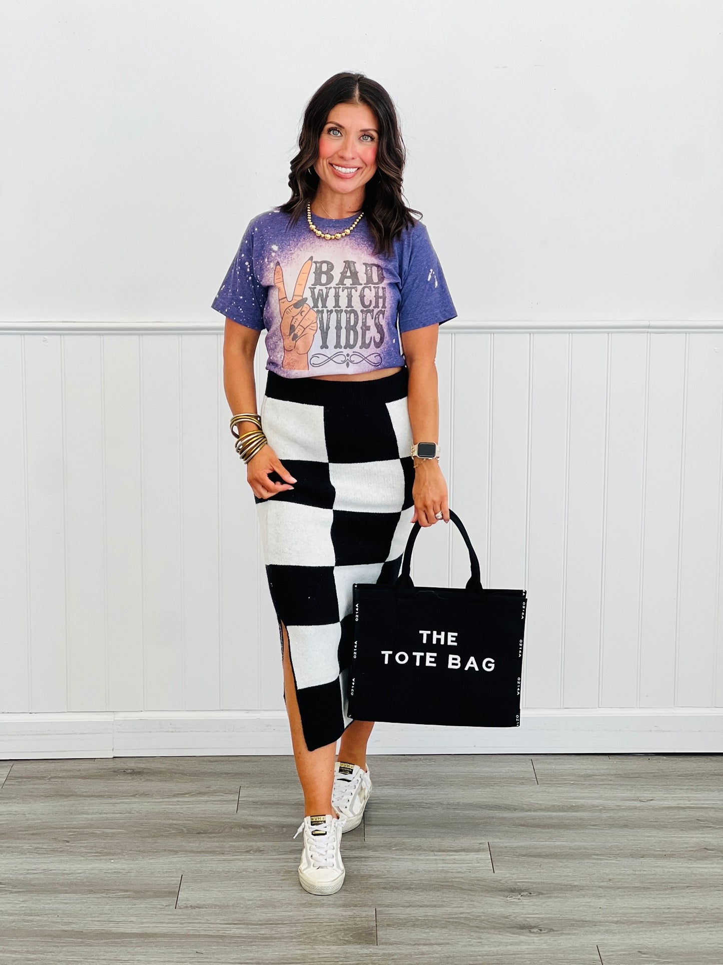 Black/White Checkered Knit Pencil Midi Skirt (Reg. and Plus)
