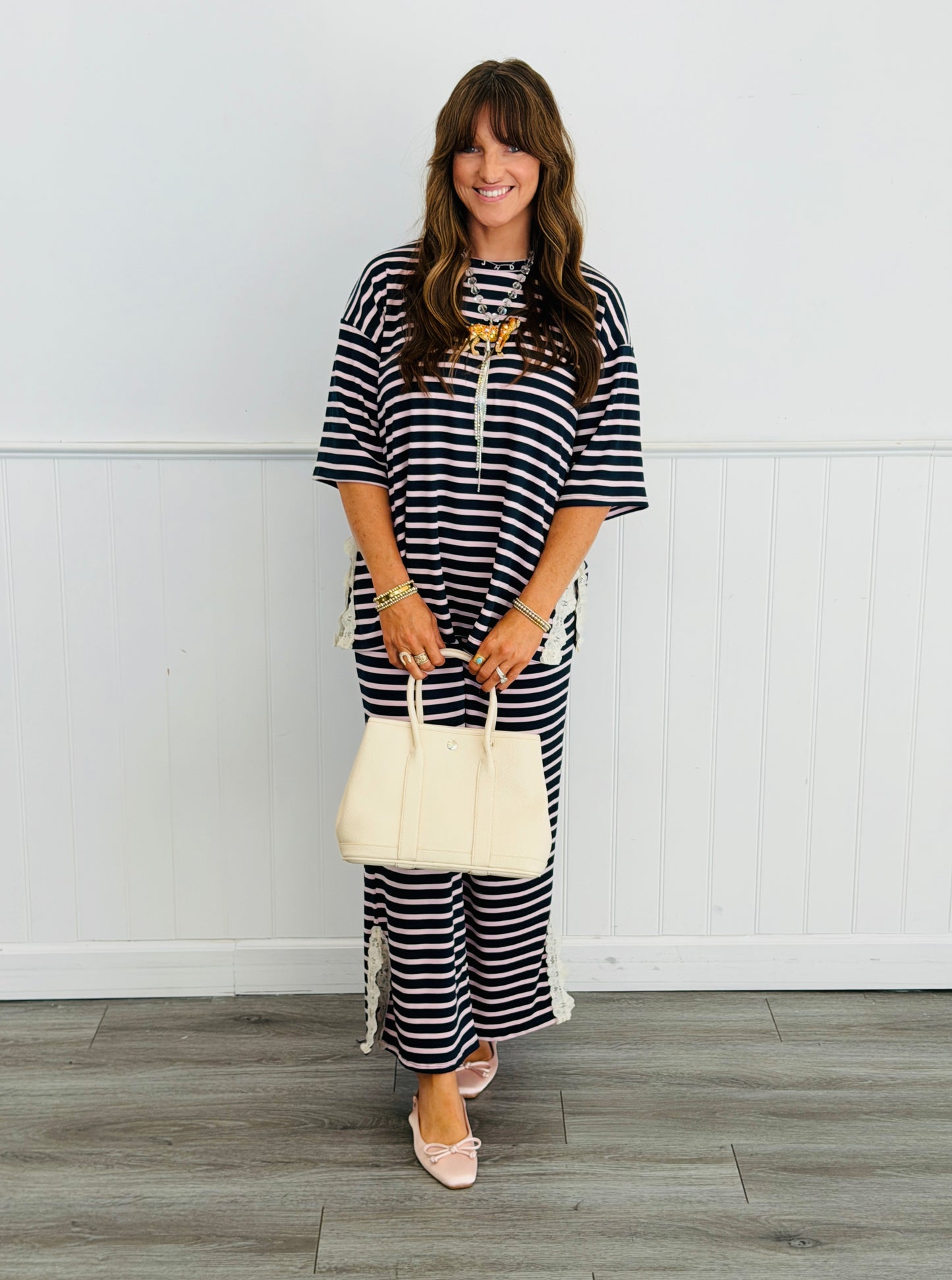 Striped Lace Side Slit Top (Reg. and Plus) - 6 Colors