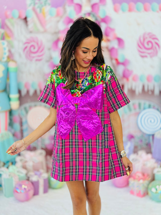 Queen Of Sparkles Pink Plaid Metallic Wreath Midi Dress (Reg. & Plus)