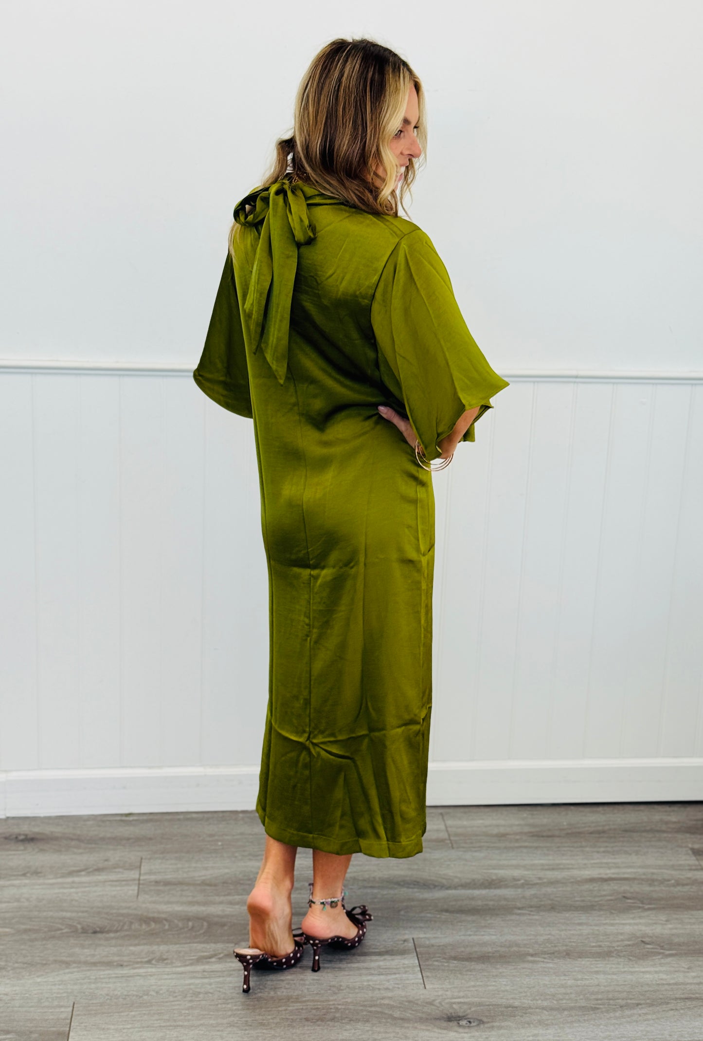 Olive Satin Back Tie Midi Dress (Reg.)