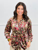 Brown/Red Floral Print Satin Blouse (Reg. and Plus)