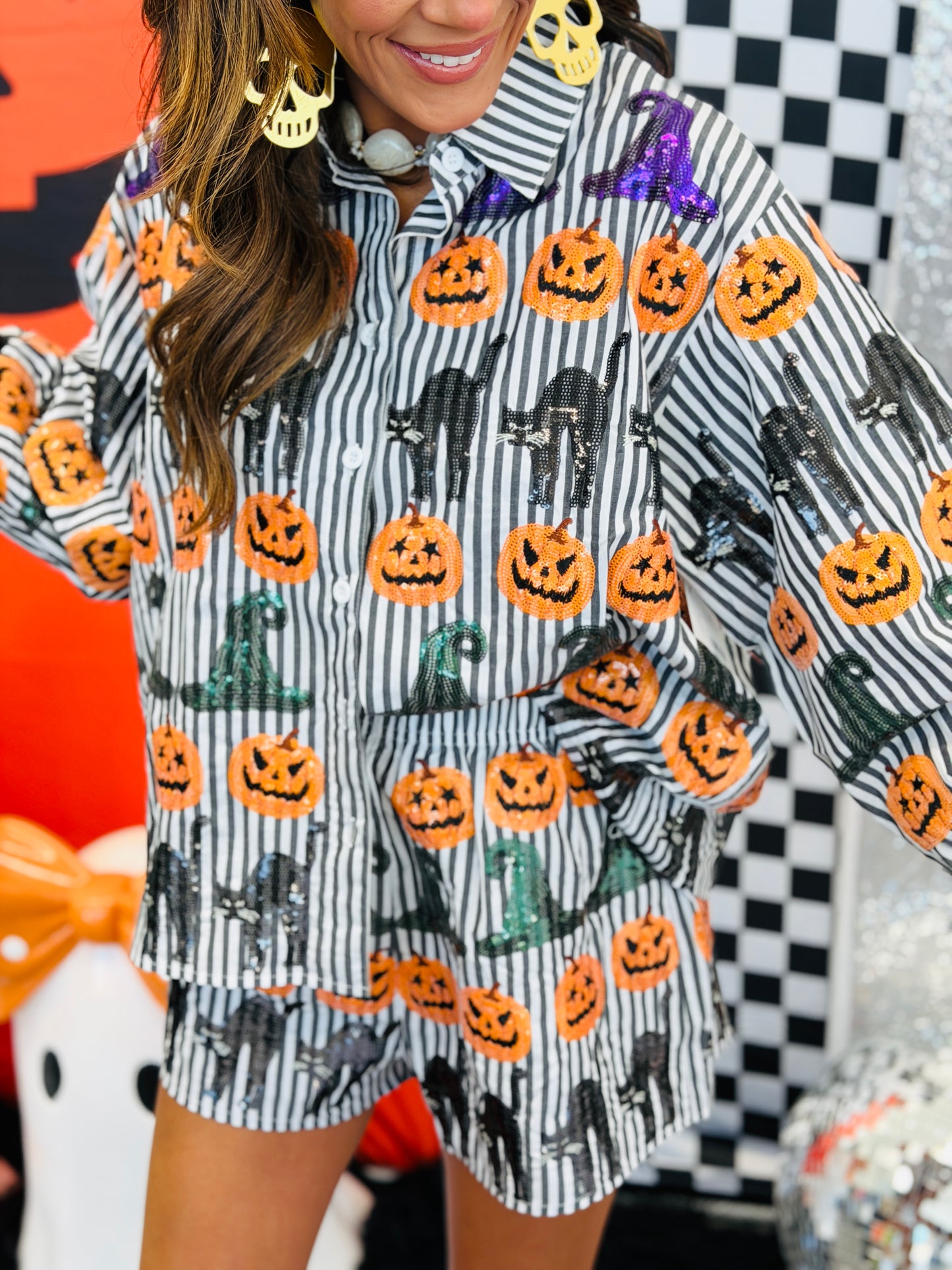 Queen Of Sparkles Black & White Striped Halloween Icon Button Up Top (Reg. and Plus)