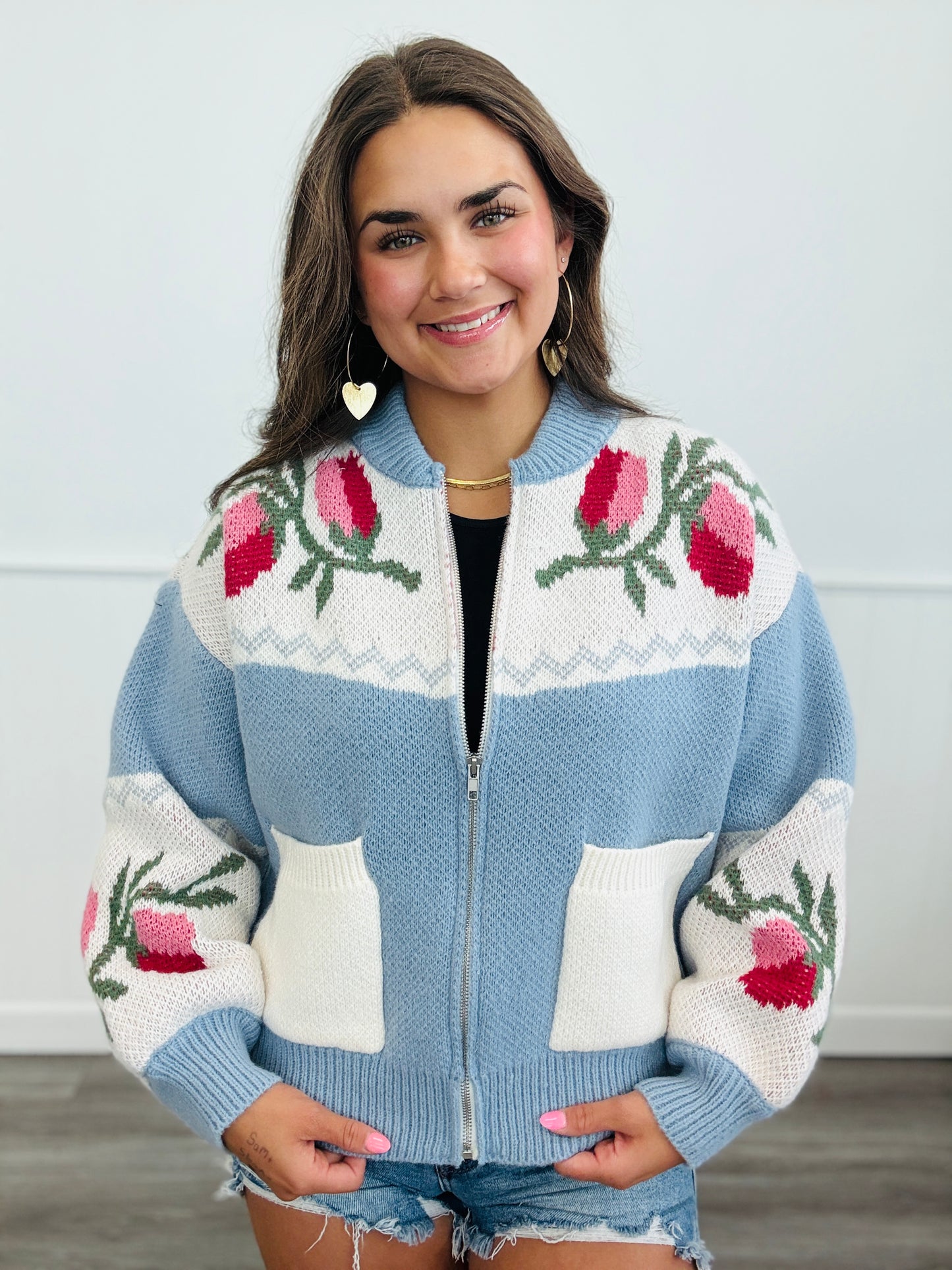 Light Blue Floral Zip Up Sweater Jacket (Reg.)
