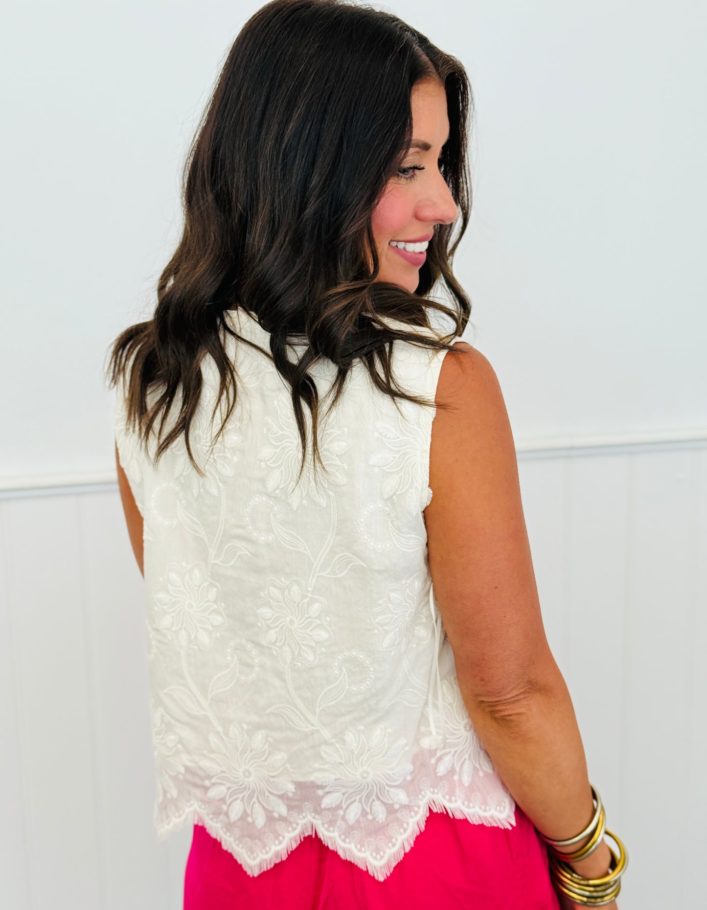 Natural Crochet Trim Sleeveless Front Tie Top (Reg)