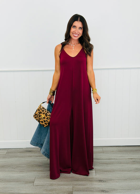 Burgundy Solid Strappy Jumpsuit (Reg & Plus)