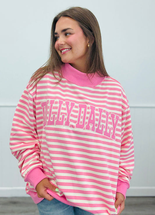 Pink Stripe Dilly Dally Embroidered Sweatshirt (Reg.)