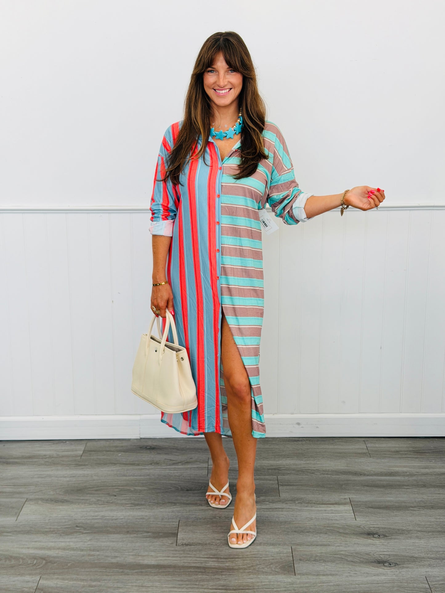 Mint Green Striped Maxi Shirt Dress (Reg & Plus)