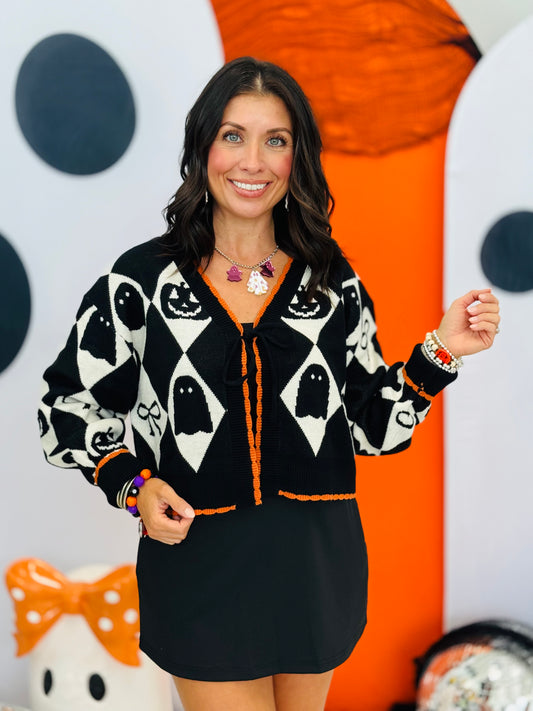Black and Orange Halloween Tie Front Cardigan (Reg.)