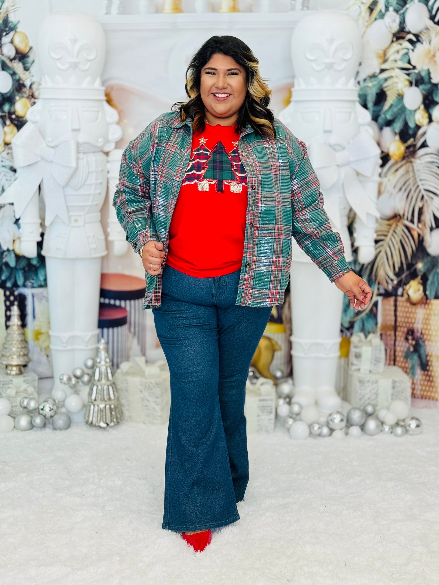 Red Festive Forest Sequin Sleeve Top (Reg. and Plus)