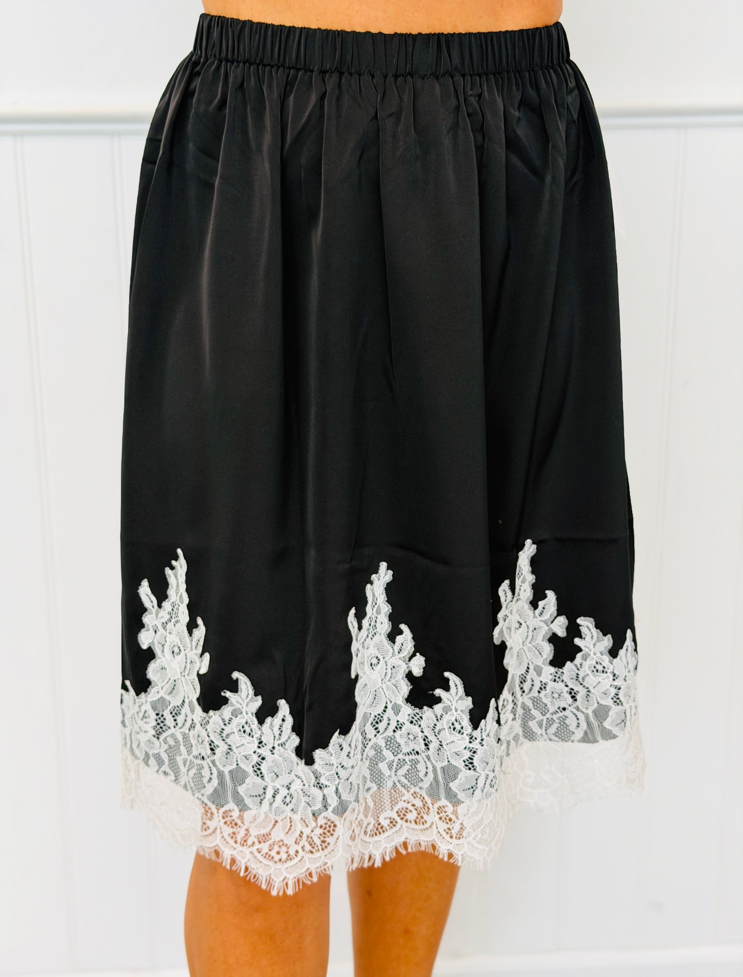 Satin Lace Trim Knee Length Skirt (Reg & Plus) - 2 Colors