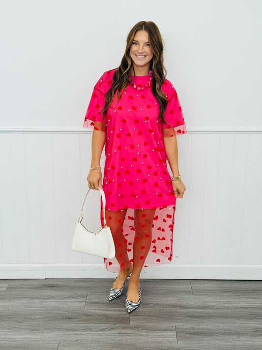 Candy Pink Heart Mesh Layered Midi Dress (Reg & Plus)