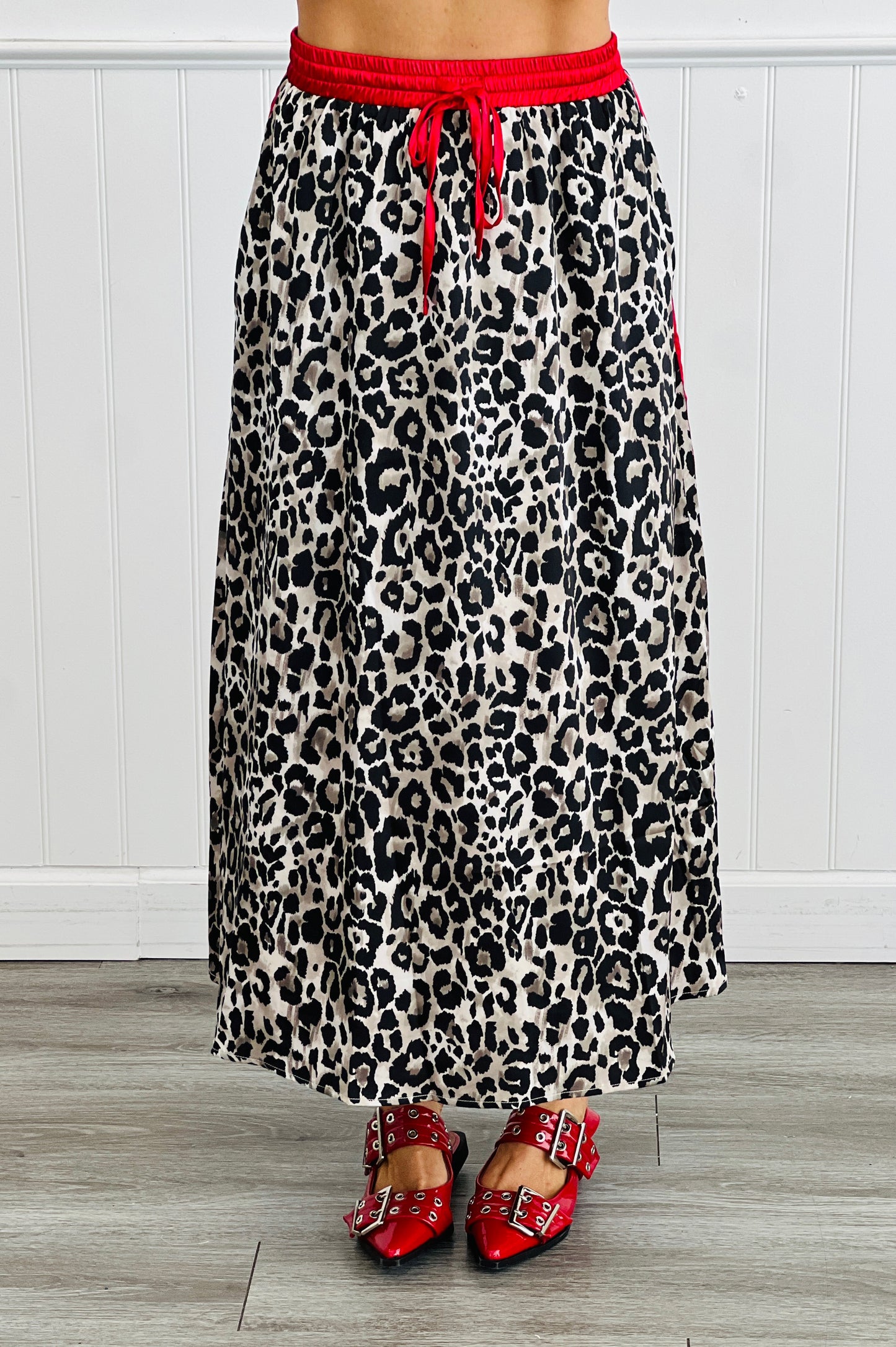 Satin Leopard Red Stripe Maxi Skirt (Reg & Plus)