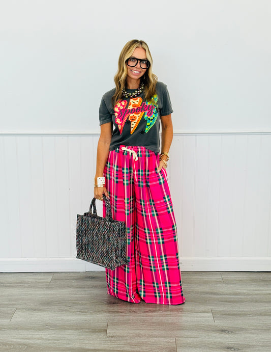 Pink Multi Plaid Palazzo Pants (One Size)