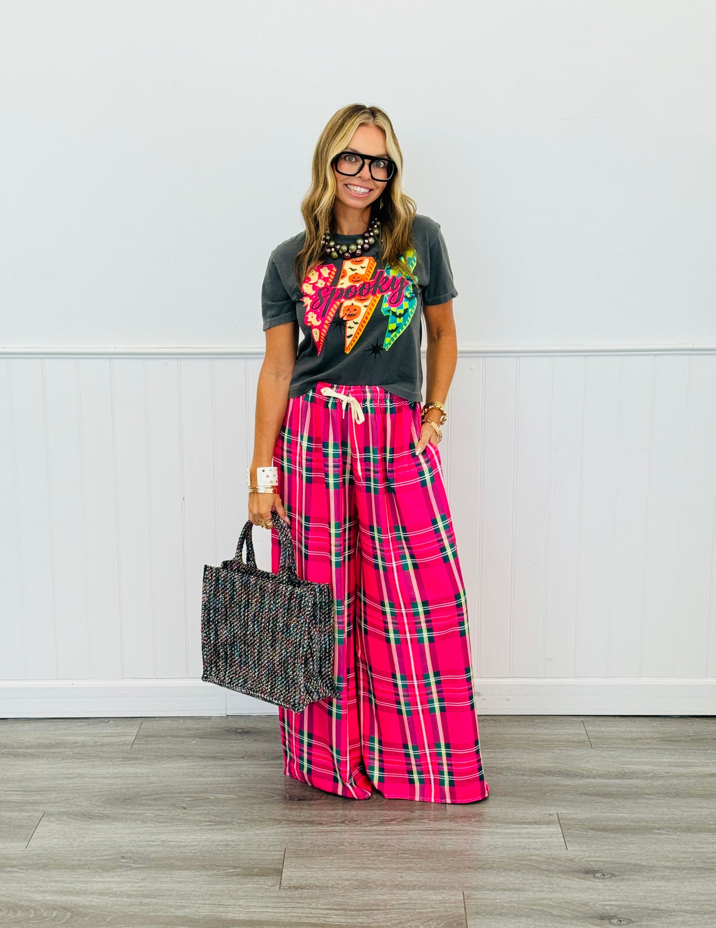 Pink Multi Plaid Palazzo Pants (One Size)