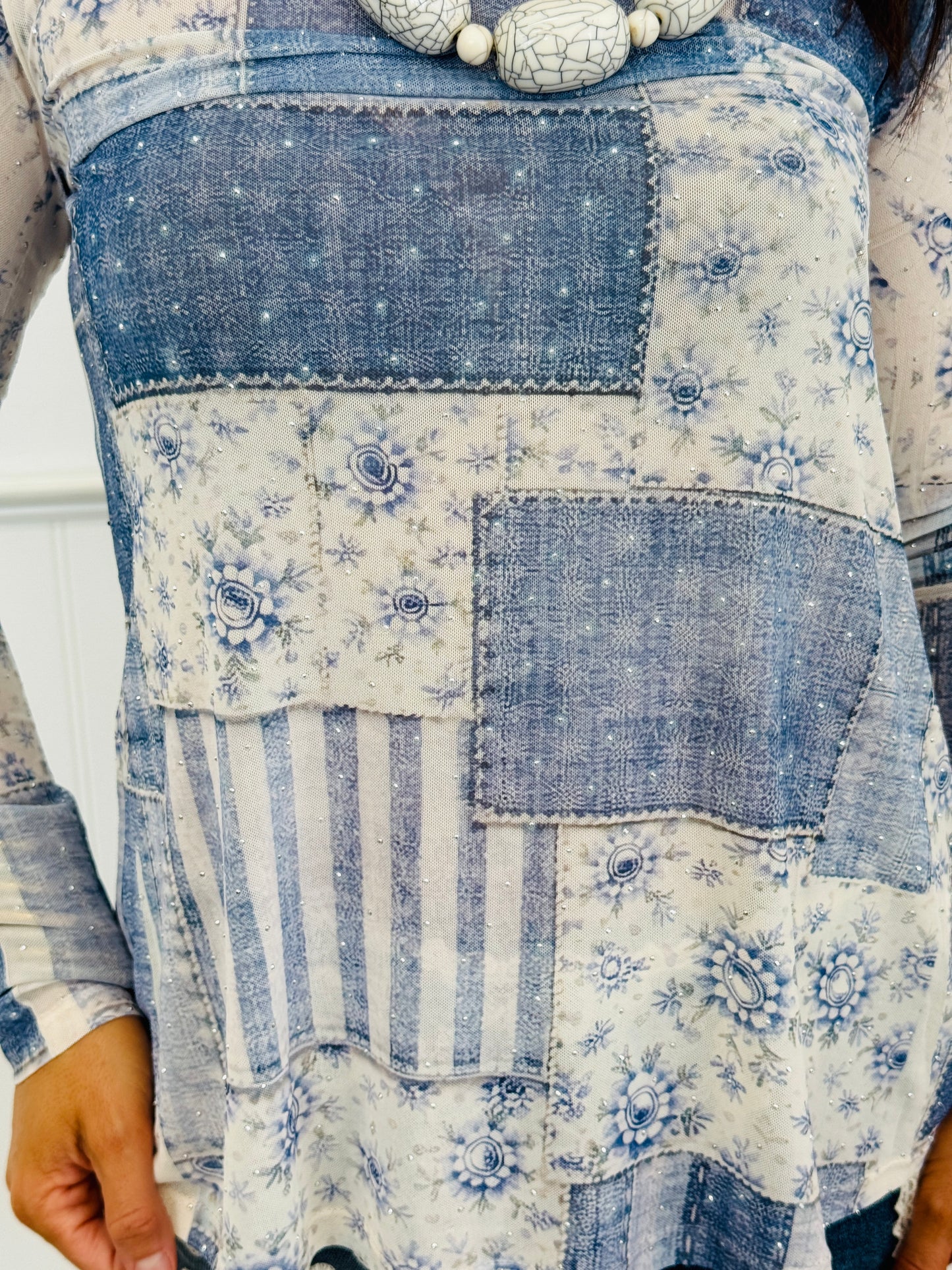 Denim Patch Rhinestone Mesh LS Top (Reg. and Plus)