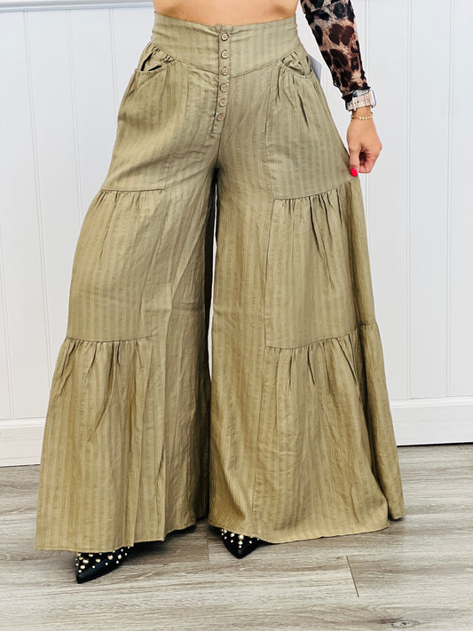 Olive Tiered Billowy Pants (Reg & Plus)