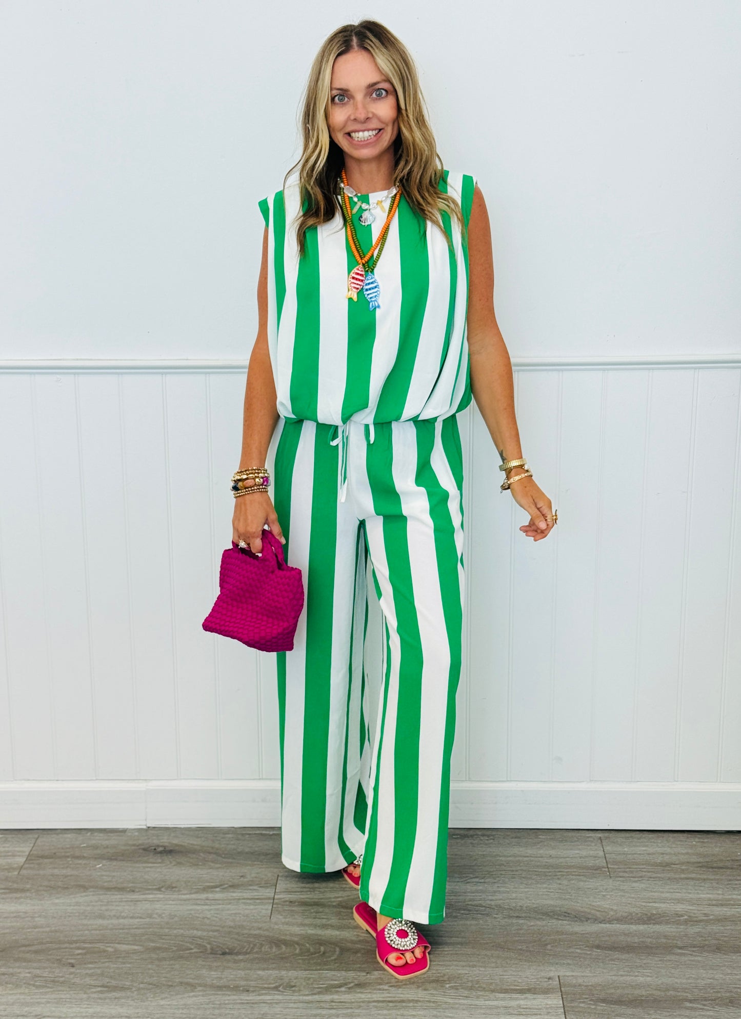 Green/White Stripe Top & Pants Set (Reg & Plus)