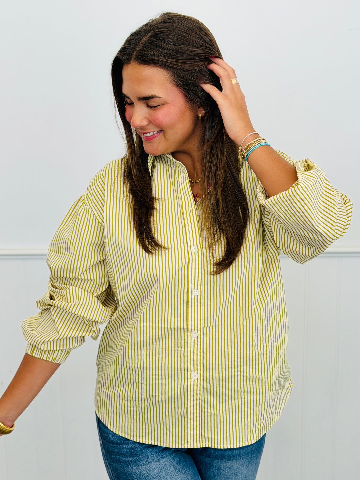 Ivory Citrus Striped Button Down Shirt (Reg & Plus)