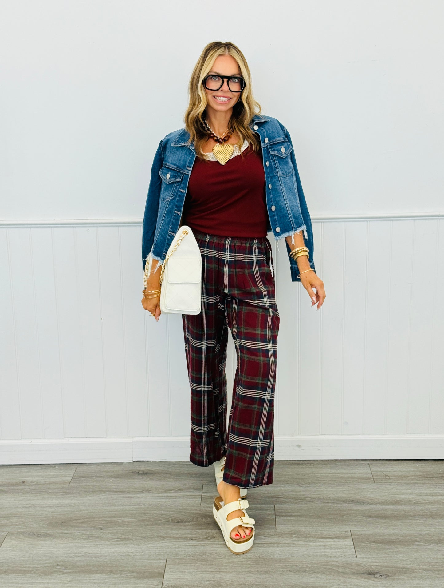 Burgundy Plaid Wide Leg Pants (Reg.)