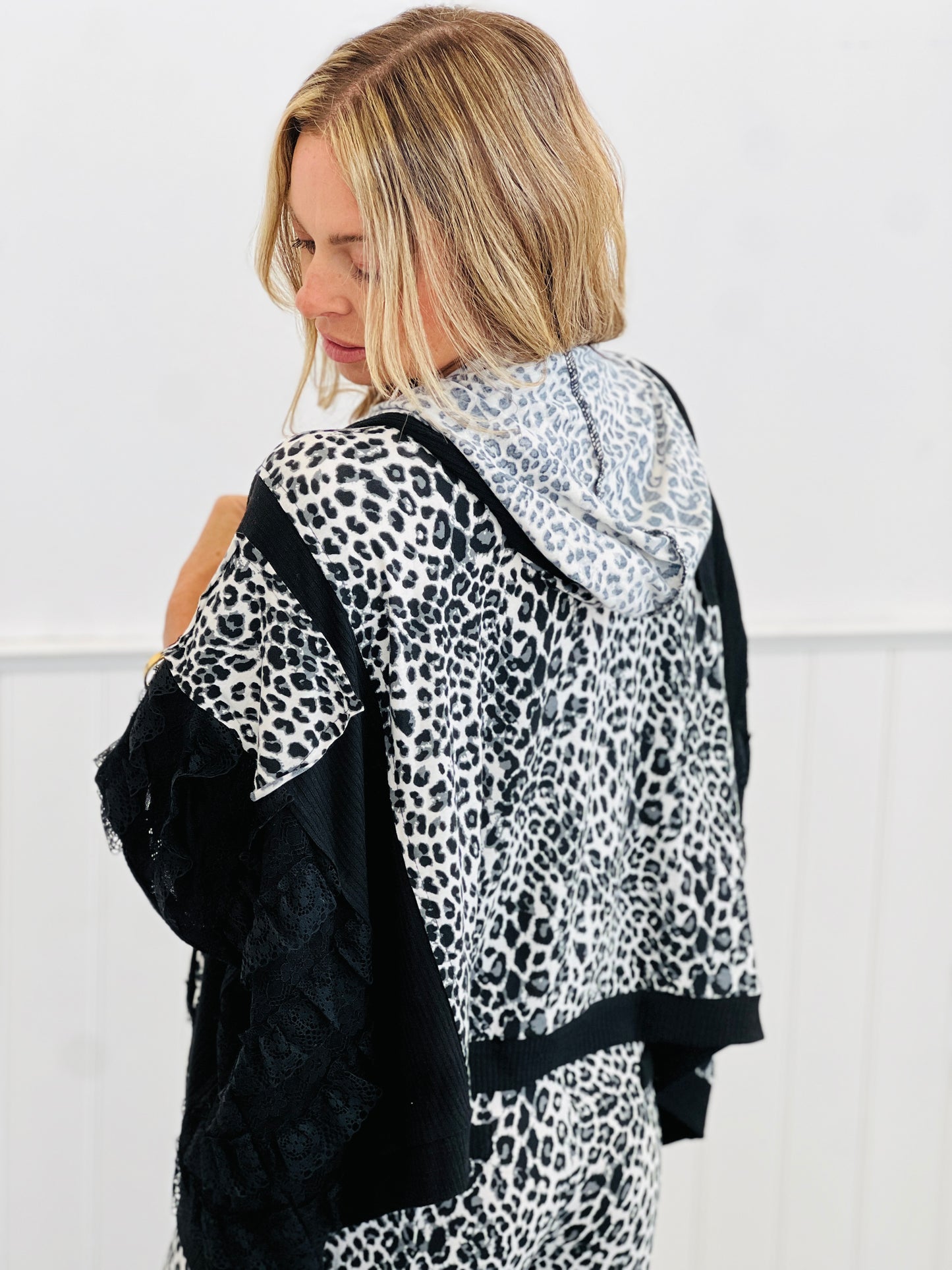 POL Black Cheetah Layered Crochet Lace Hoodie Top (Reg.)