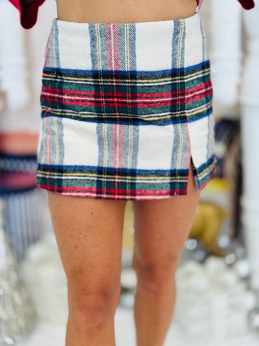White Christmas Plaid Skort With Slit (Reg.)