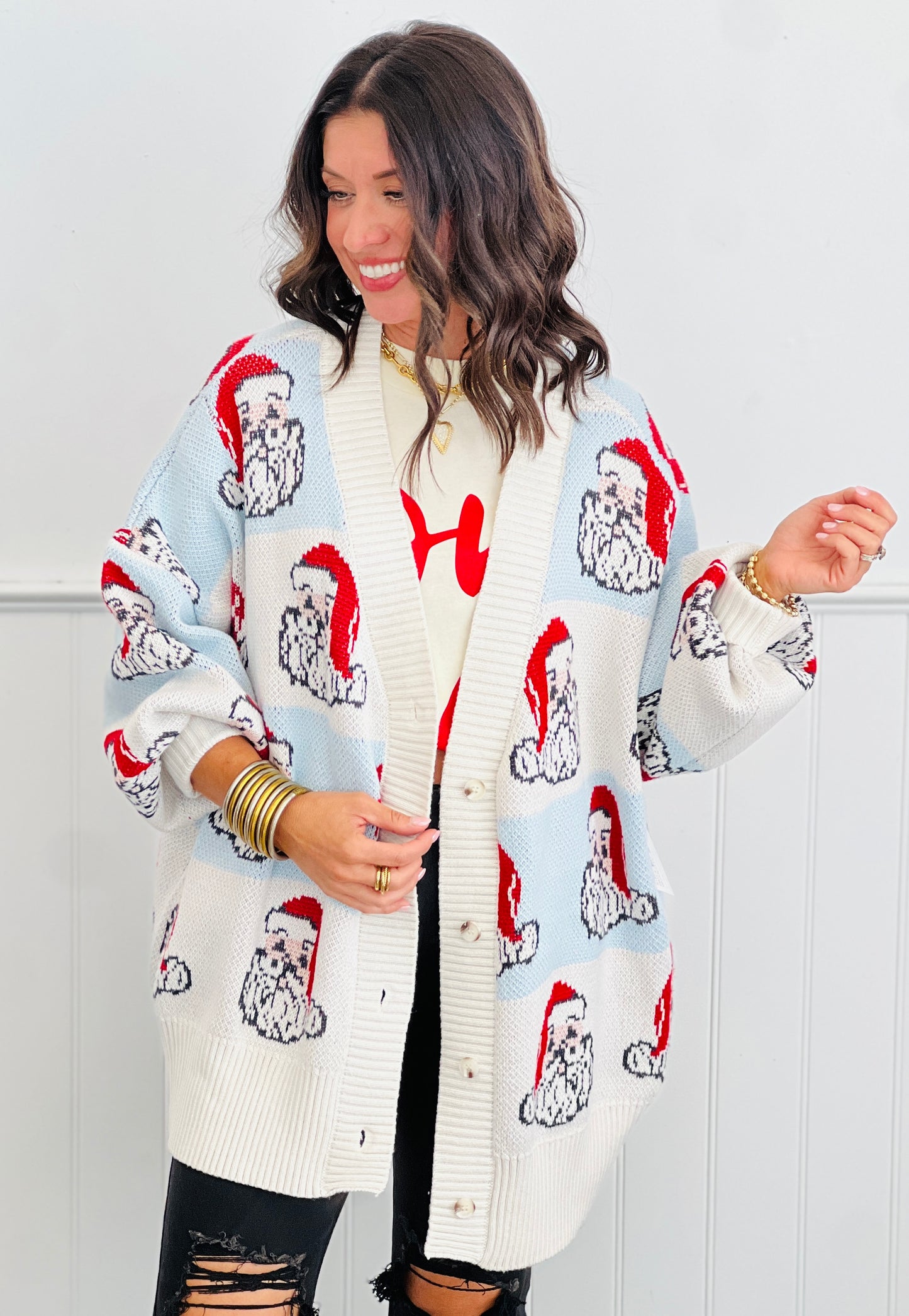 Checkered Santa Claus V-Neck Cardigan (Reg.)