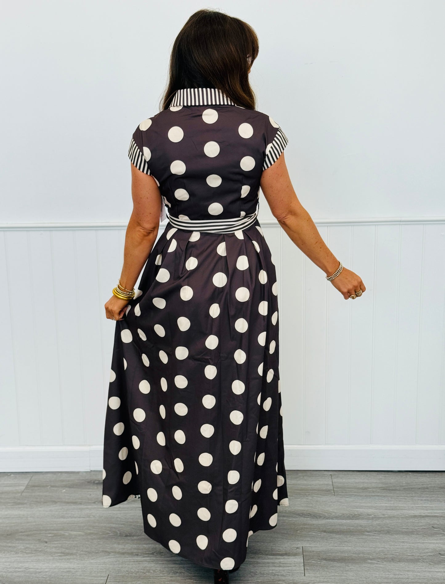 Brown Contrast Dot Stripe Shirt Dress (Reg. and Plus)