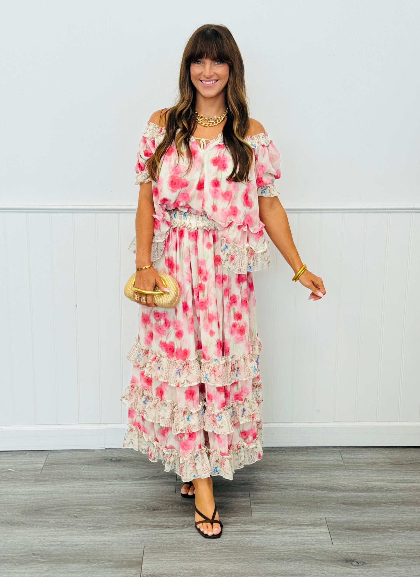 Pink Multi Blurred Floral Maxi Skirt Set (Reg & Plus)