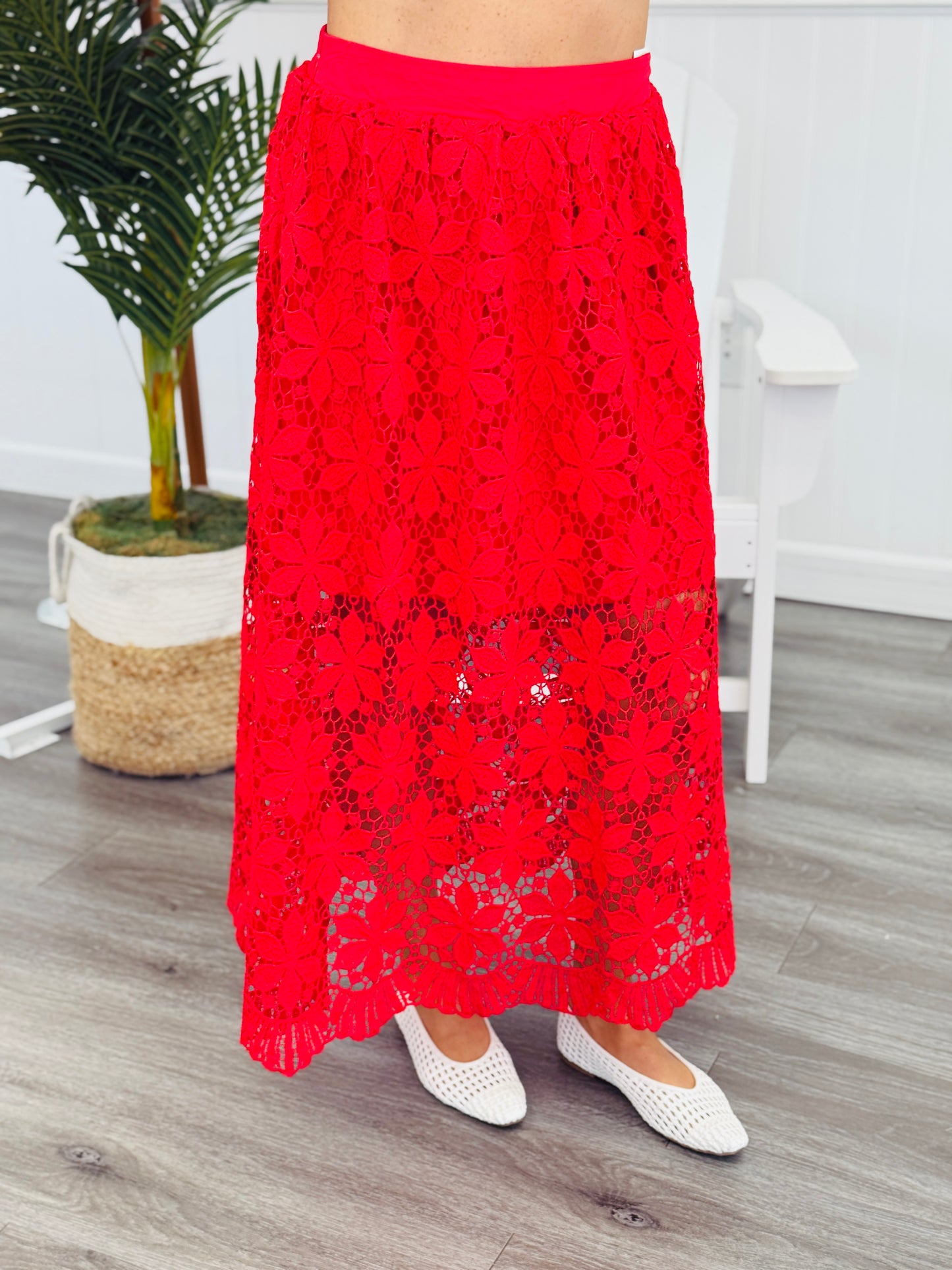 Tomato Red Lace Scalloped Midi Skirt (Reg.)