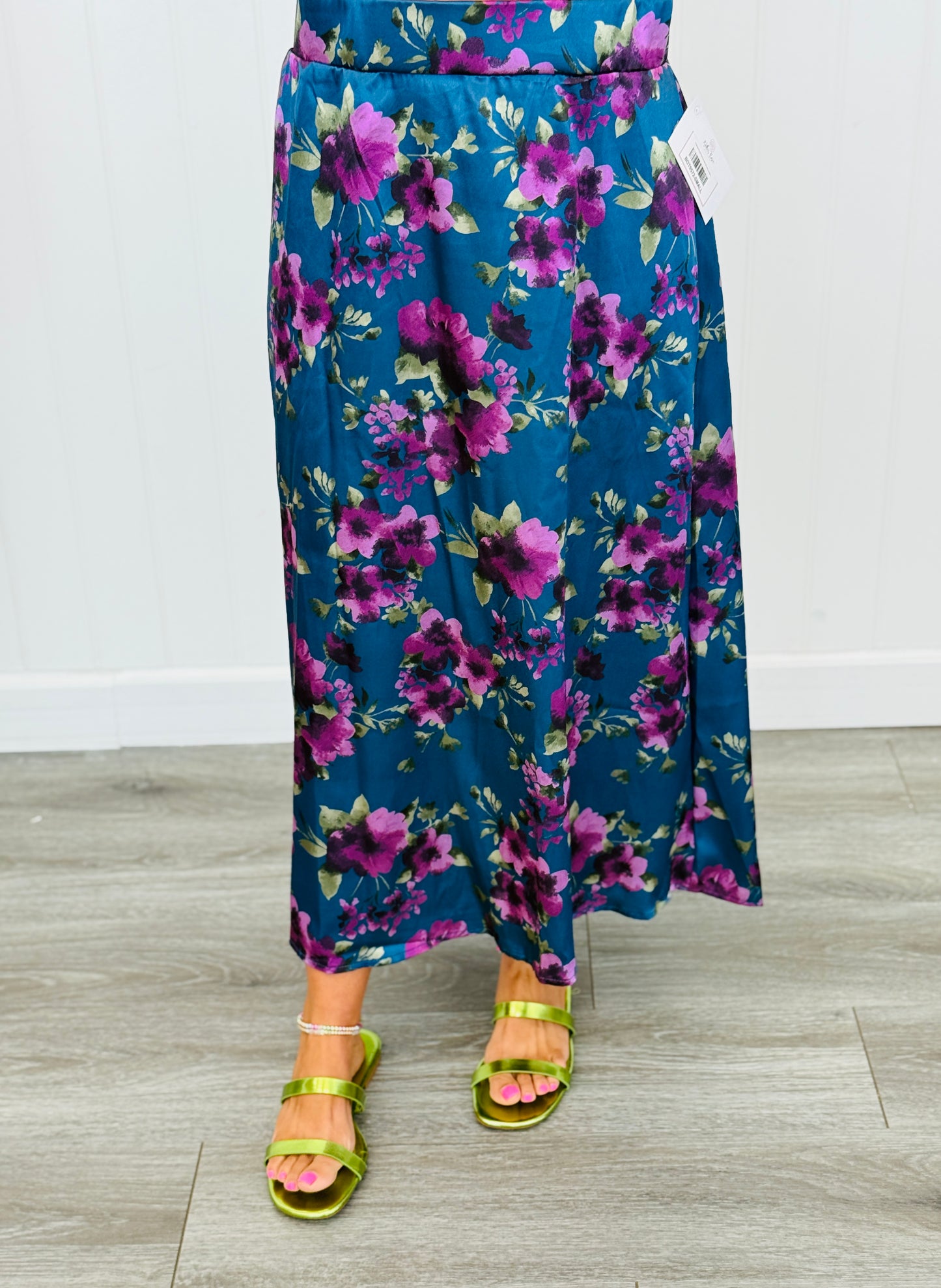 Cobalt Blue/Purple Floral Satin Midi Skirt (Reg. and Plus)