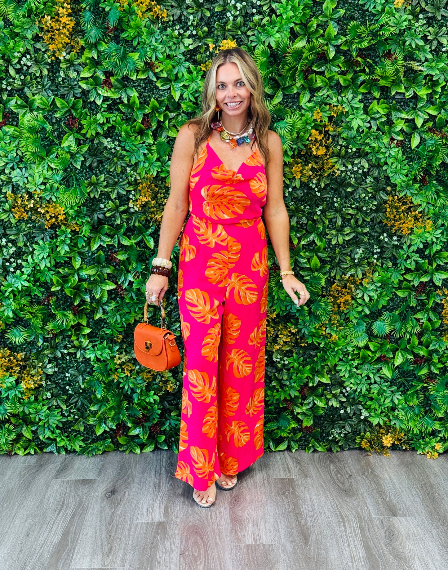 Fuchsia Tropical Leaf Halter Jumpsuit (Reg.)