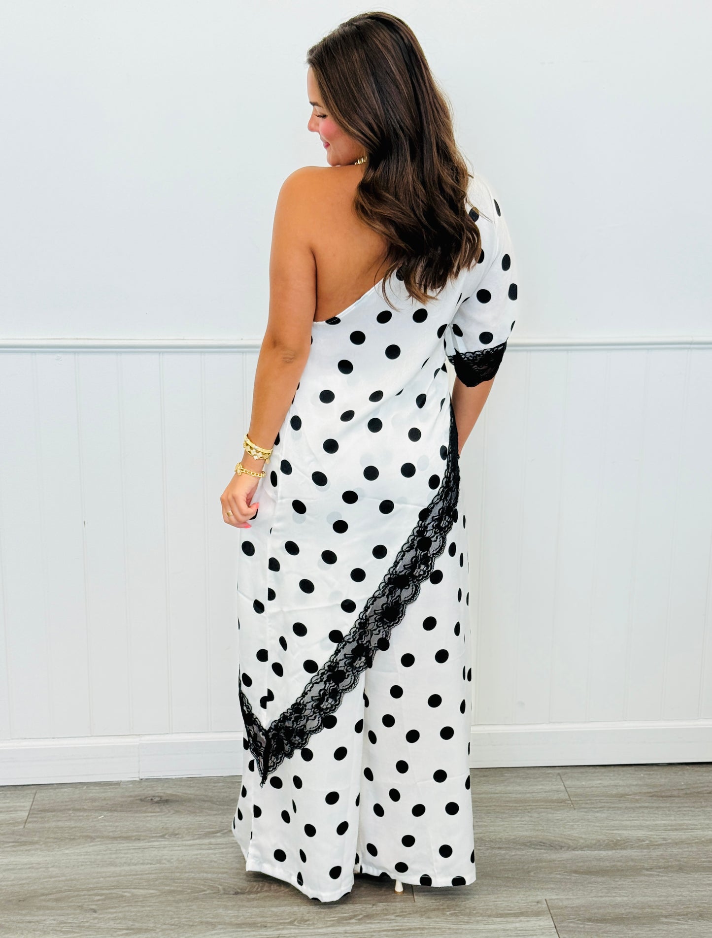 White Polka Dot Asymmetrical Top & Pants Set (Reg.)