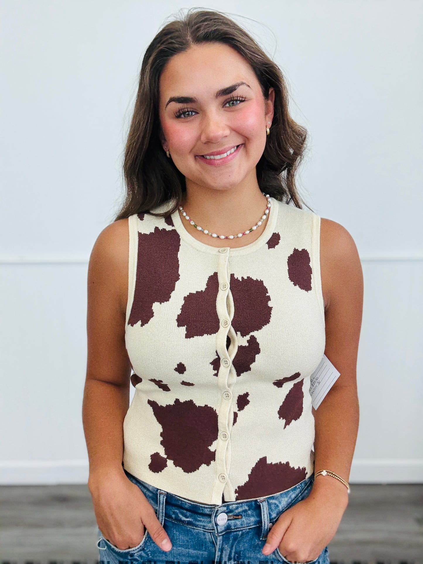 Cow Print Button Down Sweater Top (Reg.)