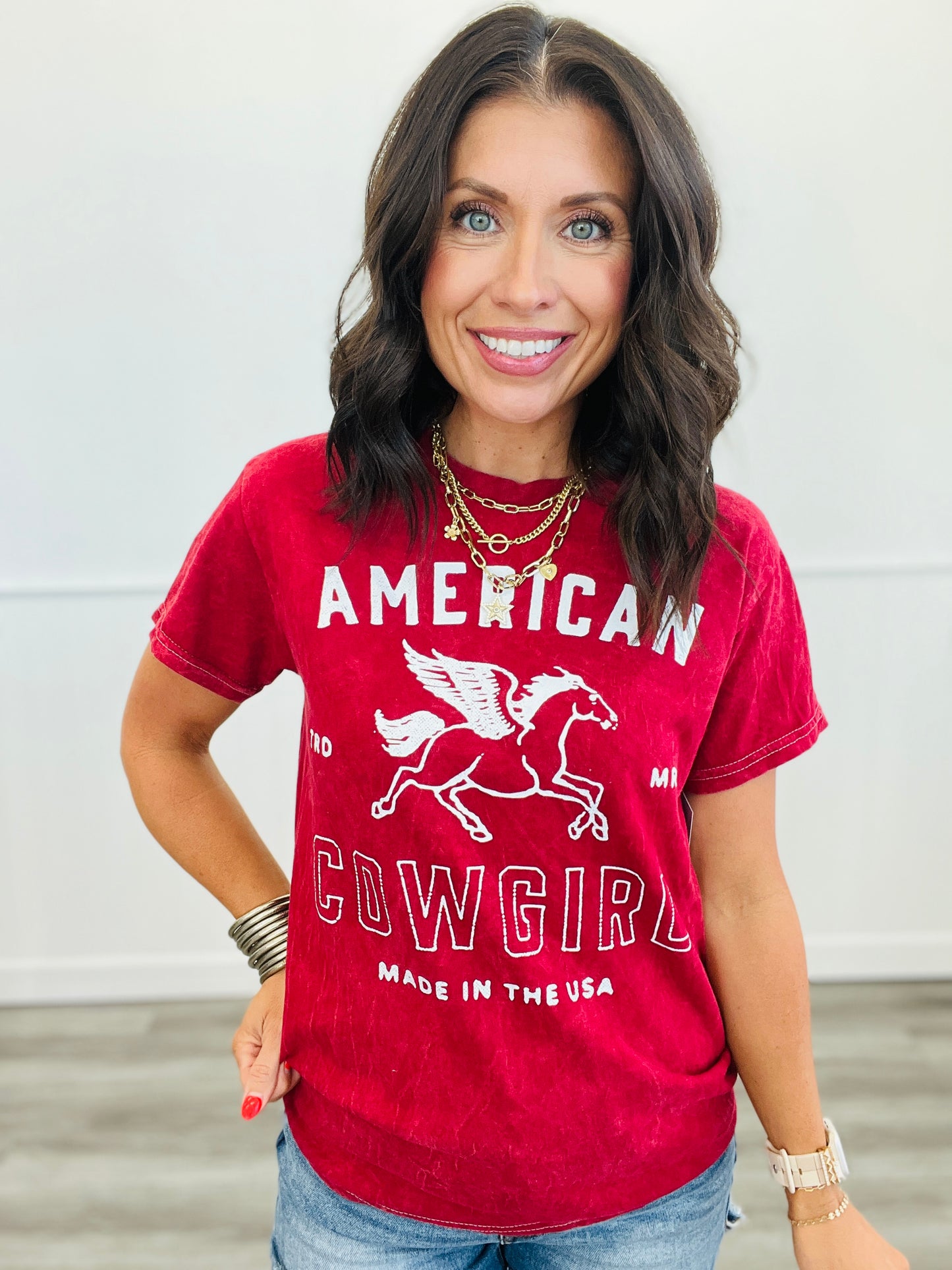 Red American Cowgirl Mineral Washed Tee (Reg. and Plus)